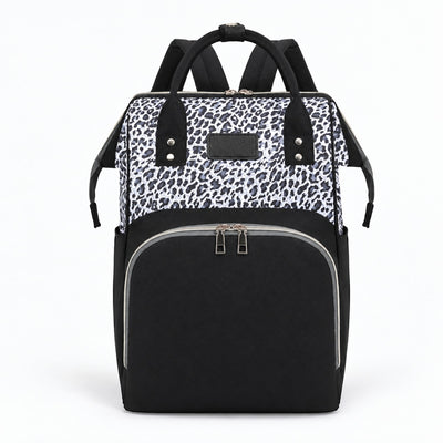 Sac à dos à langer léopard noir et blanc Securidou, sur fond blanc
