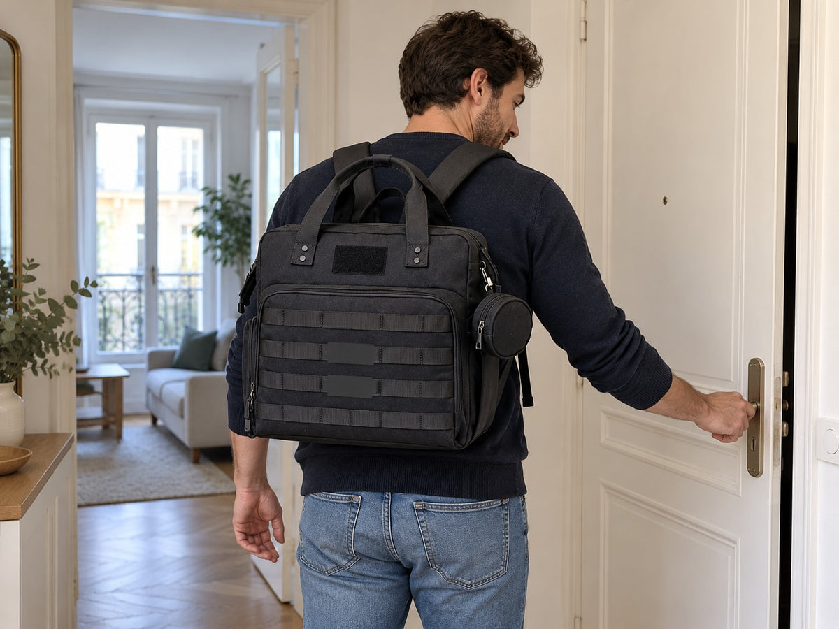 Papa à la porte, sac à langer Securidou sur le dos, mains libres