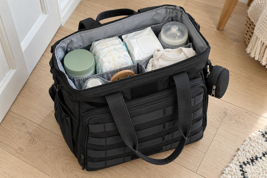 Sac à langer papa Securidou ouvert, biberons, couches et lingettes rangés