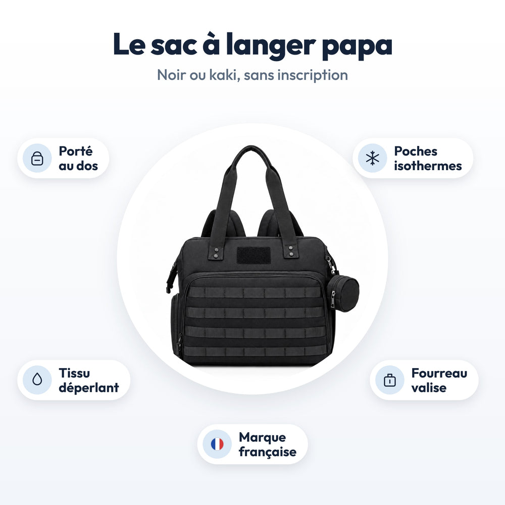Sac à langer papa Securidou : porté au dos, poches isothermes, tissu déperlant, fourreau valise