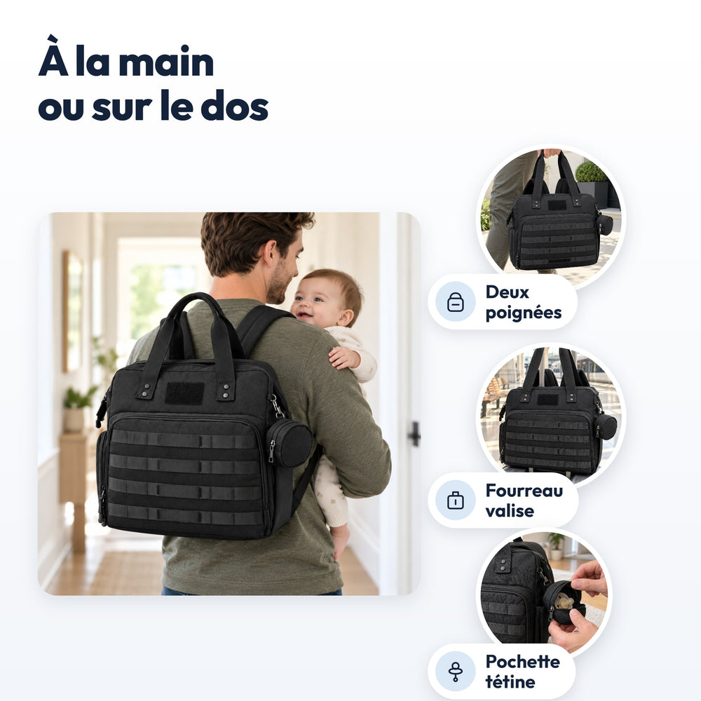 Sac à langer papa Securidou : deux poignées, fourreau valise, pochette tétine