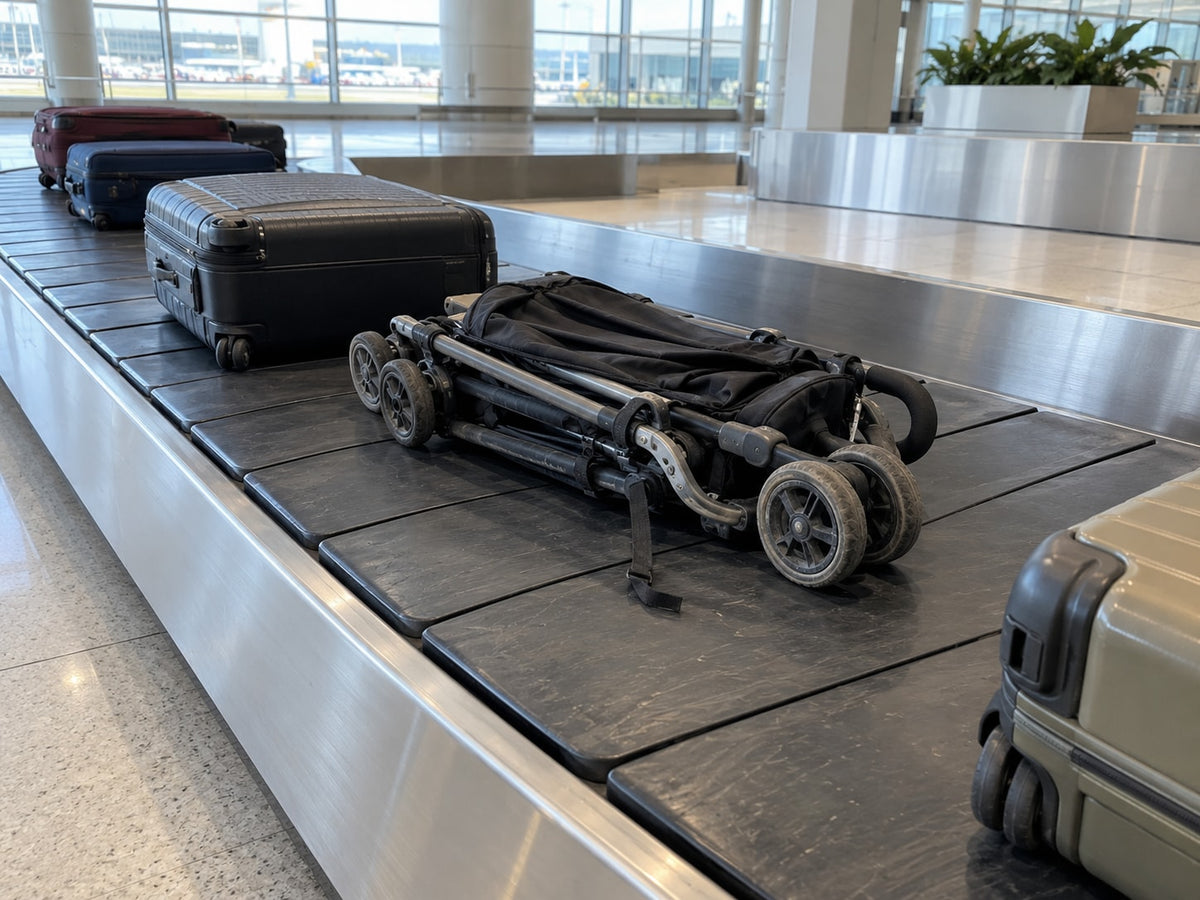 Poussette pliée sans housse sur un tapis à bagages, cadre rayé et roues poussiéreuses