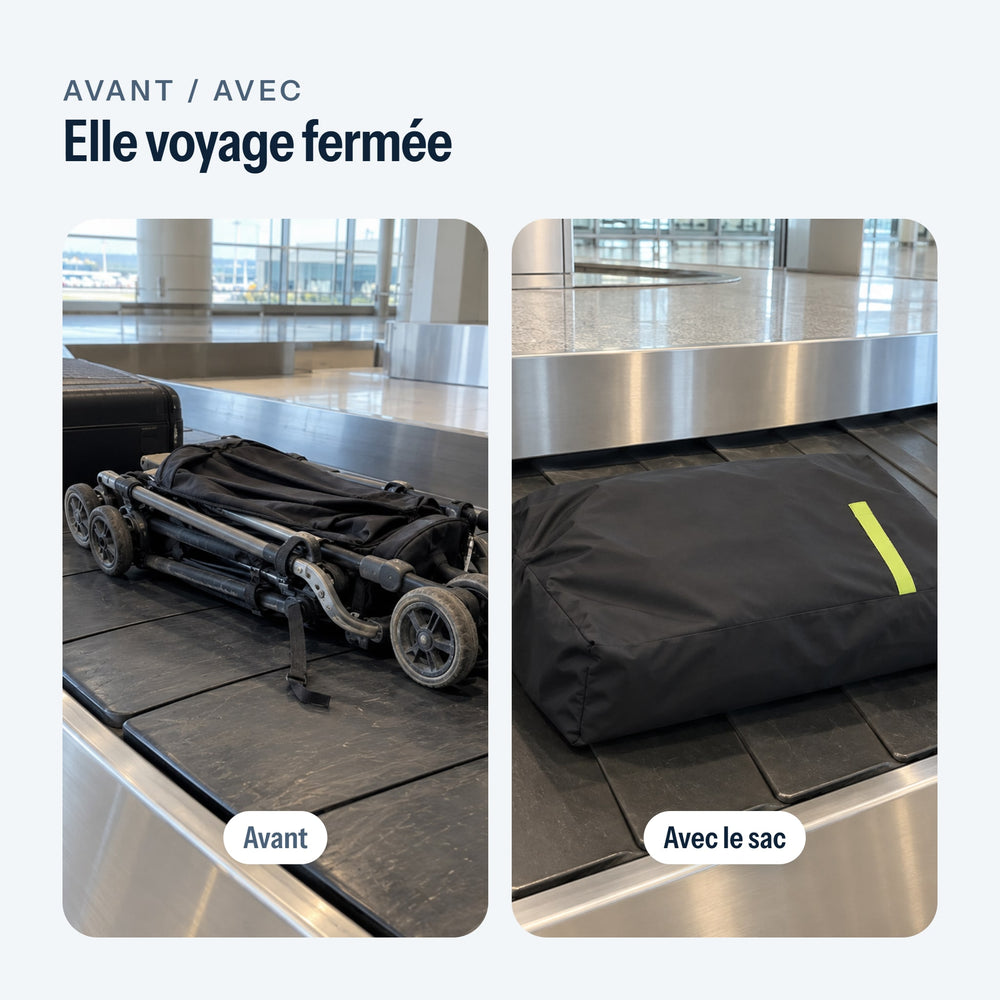 Avant, une poussette nue sur le tapis à bagages ; avec, le sac de transport fermé
