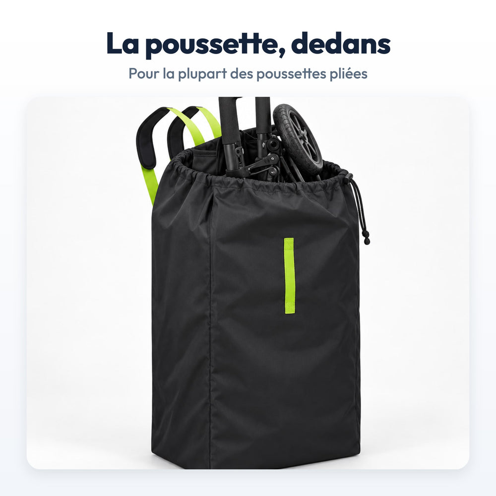 Sac de Transport Poussette Securidou : ouvert, une poussette pliée dedans
