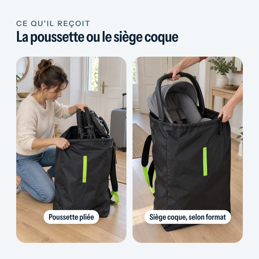 Poussette glissée dans le sac de transport, puis un siège coque