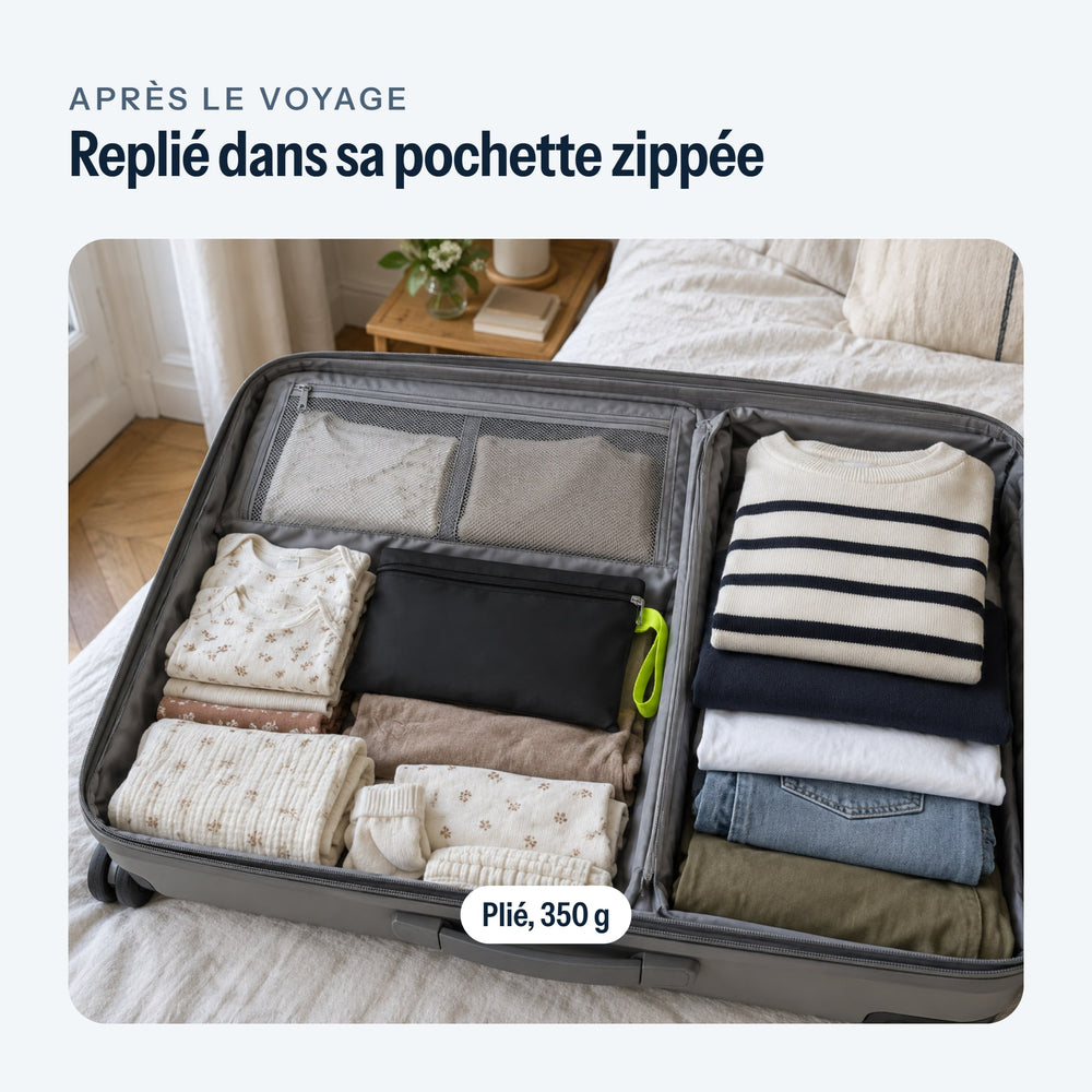 Sac de transport replié dans sa pochette, rangé dans une valise