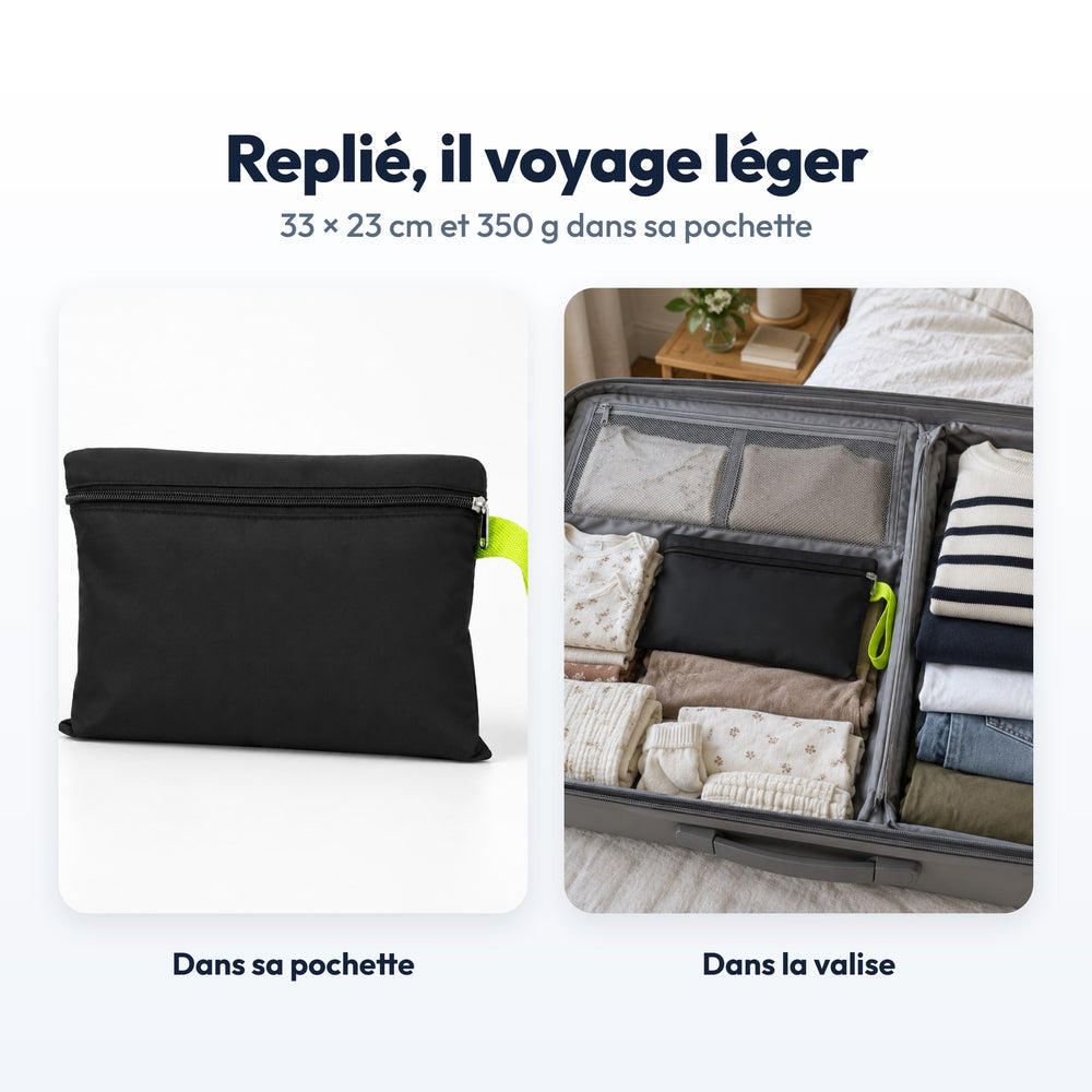 Sac de Transport Poussette Securidou : replié dans sa pochette, rangé dans une valise