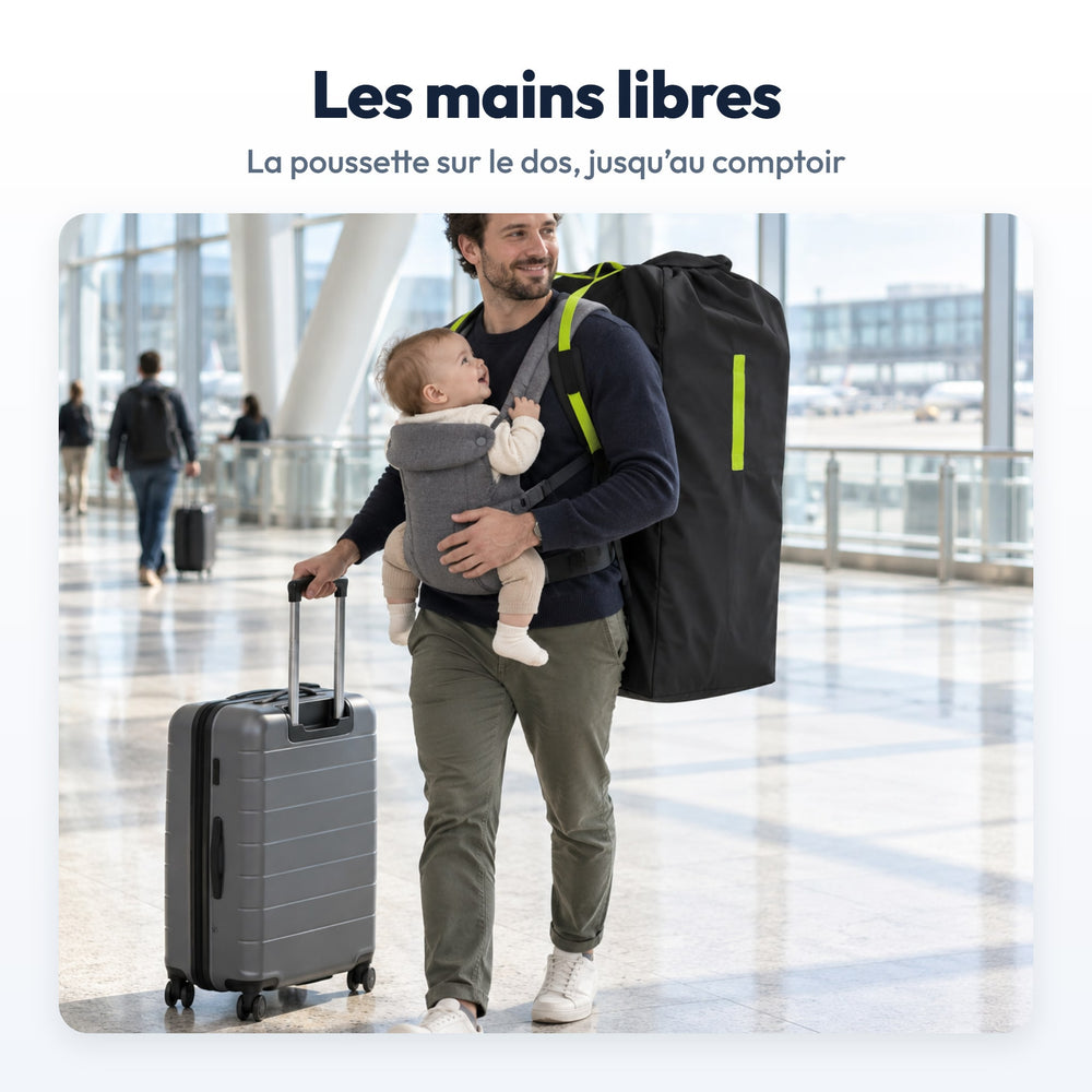 Sac de Transport Poussette Securidou : porté au dos dans un hall d’aéroport