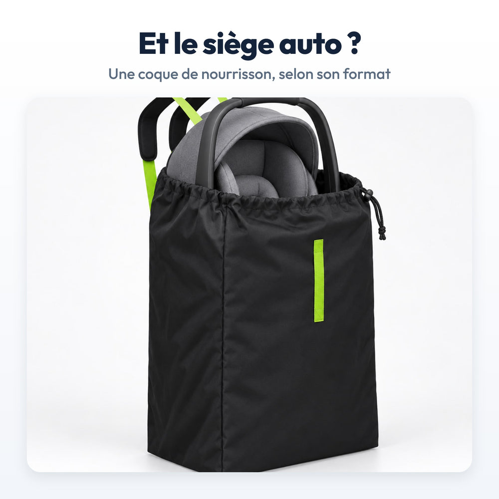 Sac de Transport Poussette Securidou : un siège auto coque vide glissé dedans