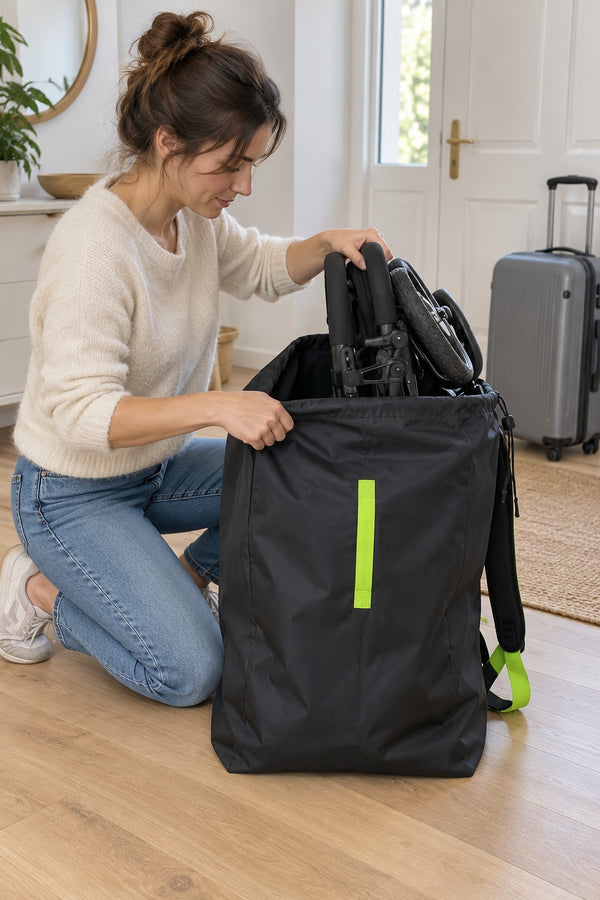 Mère qui glisse une poussette pliée dans le sac de transport poussette Securidou