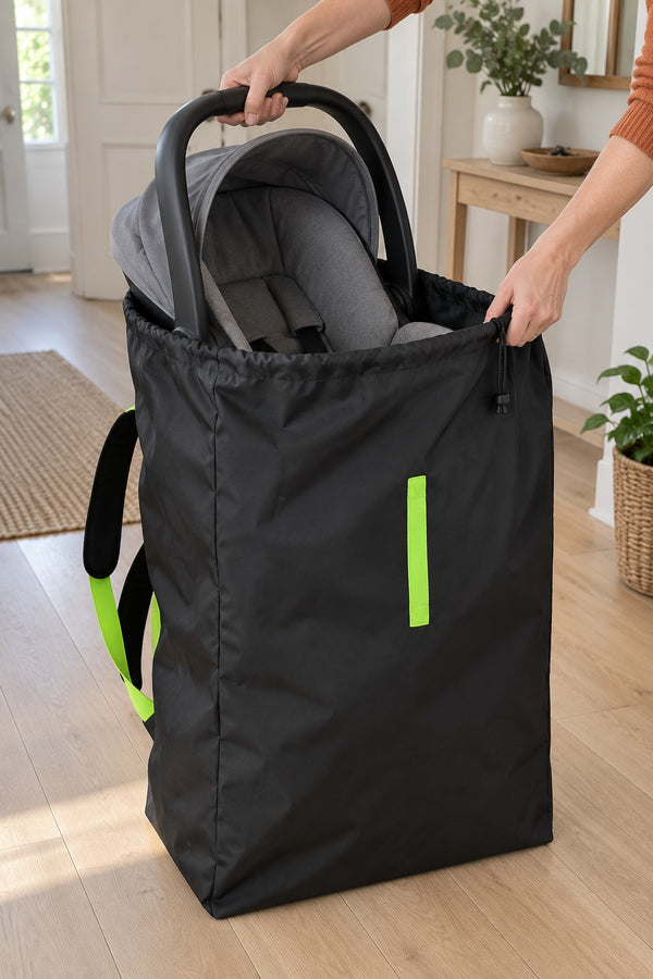 Siège auto coque vide glissé dans le sac de transport poussette Securidou
