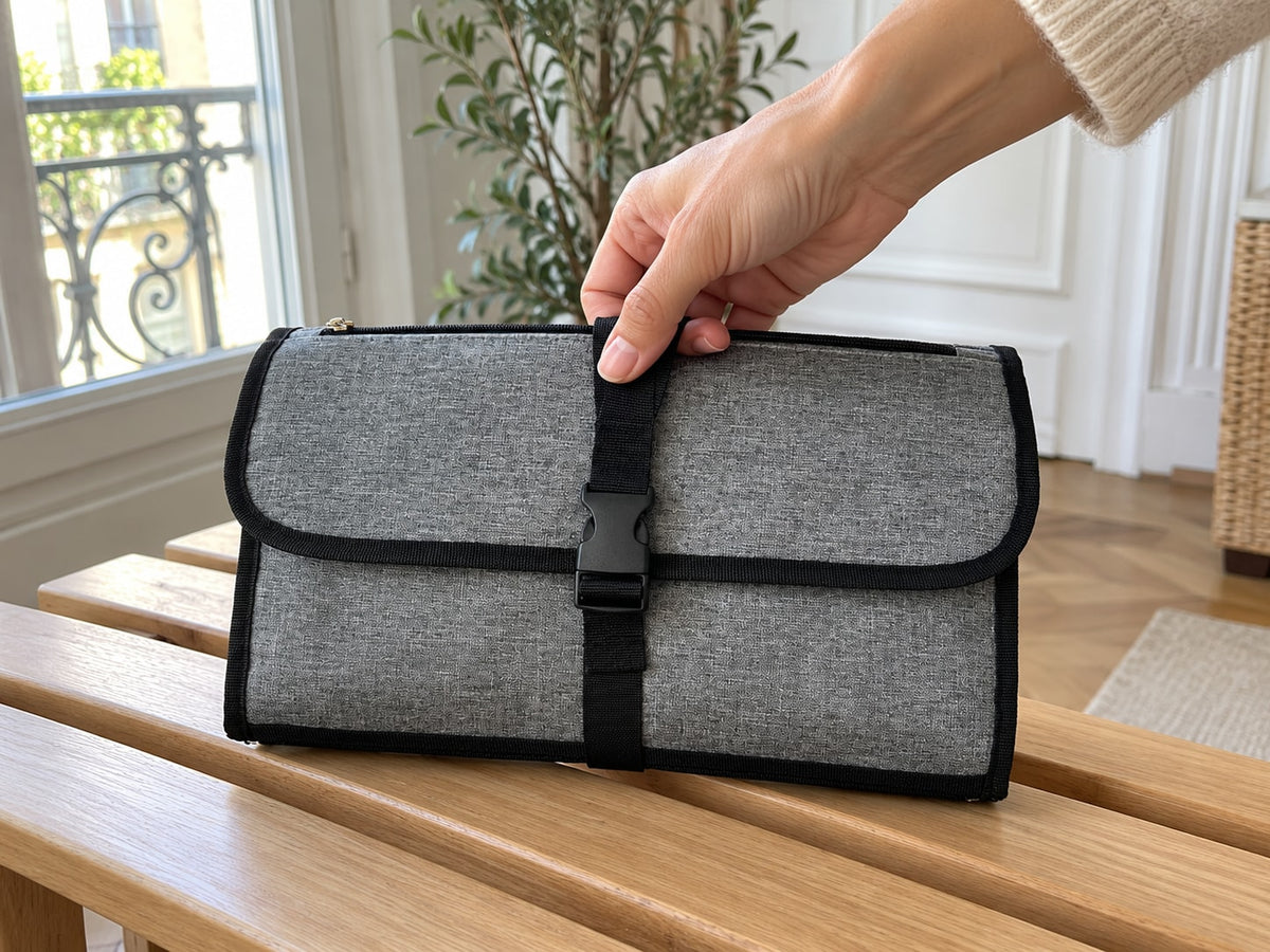Tapis à langer nomade Securidou plié et fermé, tout rangé à l’intérieur