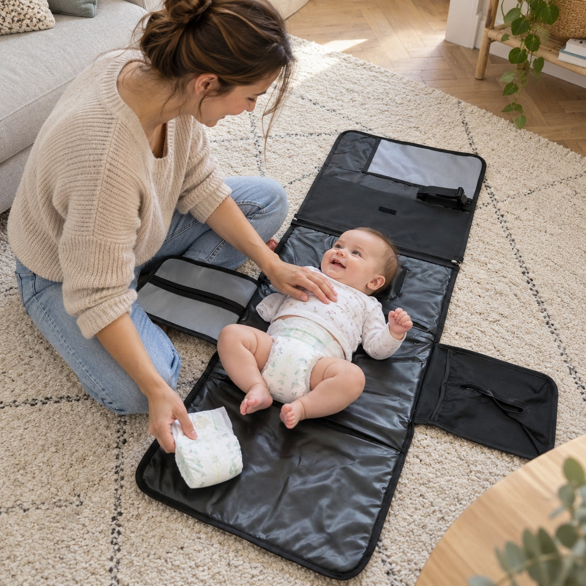 Parent qui change son bébé au sol sur le tapis à langer nomade Securidou, une main sur lui