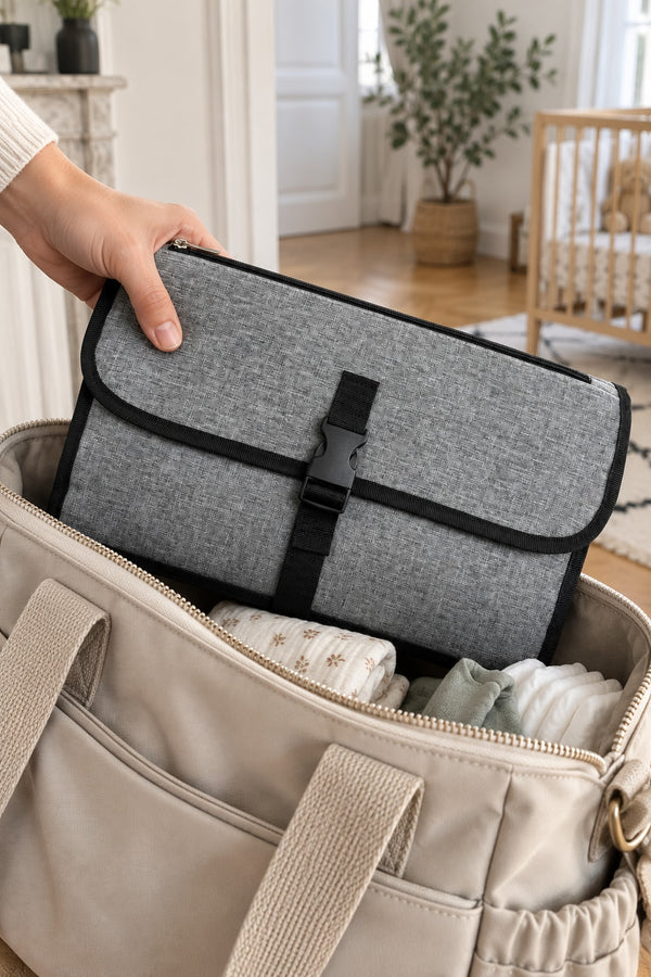 Tapis à langer nomade Securidou plié, glissé dans un sac à langer
