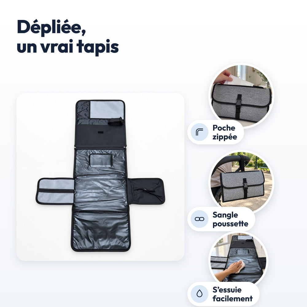 Tapis à langer nomade Securidou déplié : poche zippée, sangle poussette, s’essuie facilement