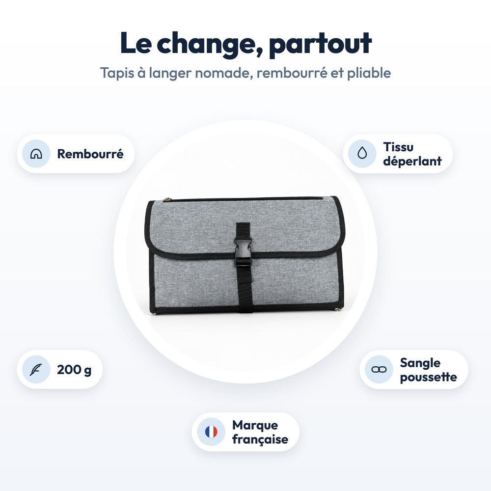 Tapis à langer nomade Securidou : rembourré, tissu déperlant, 200 g, sangle poussette