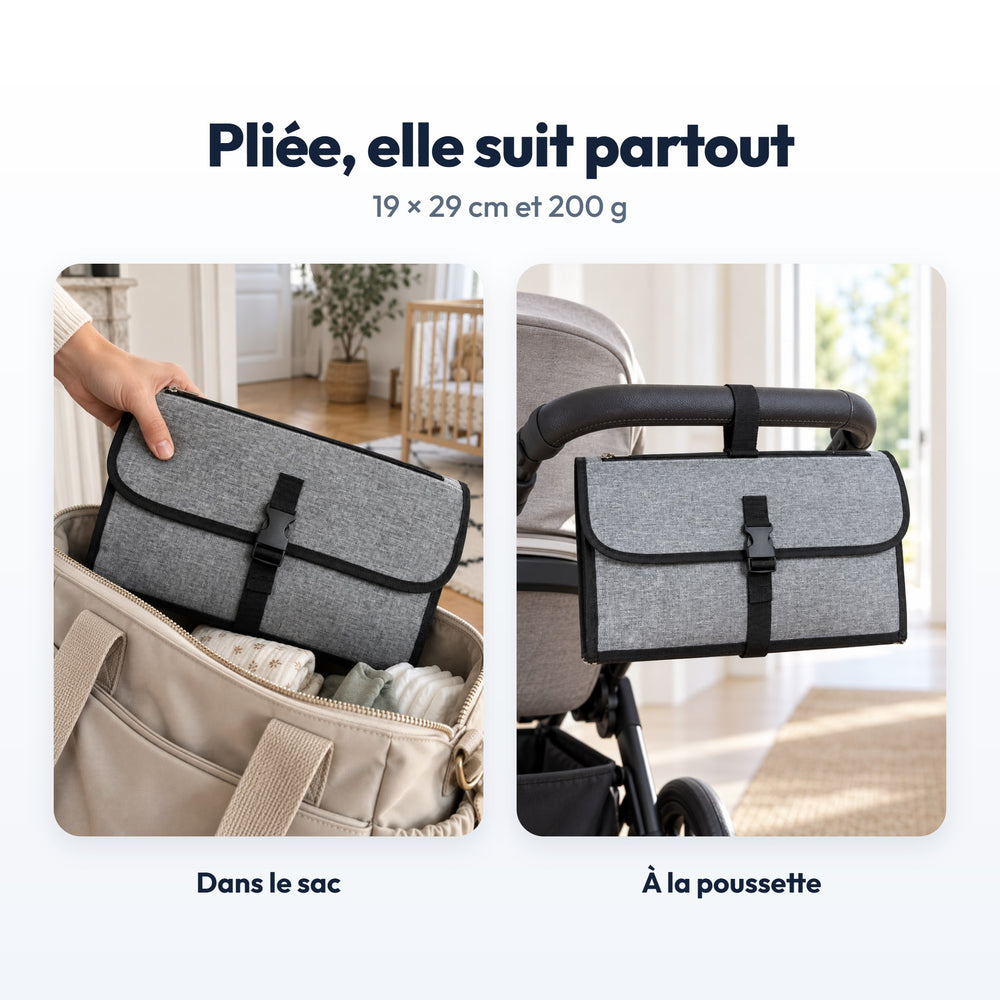 Tapis à langer nomade Securidou plié dans un sac et accroché à une poussette