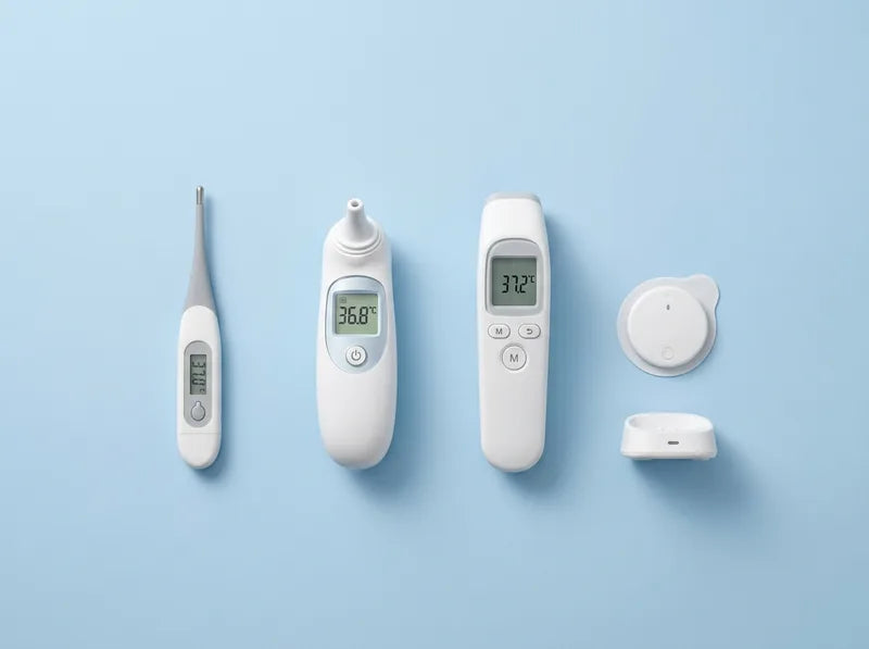 Comparatif visuel des 4 types de thermomètres bébé : rectal, auriculaire, frontal infrarouge et connecté