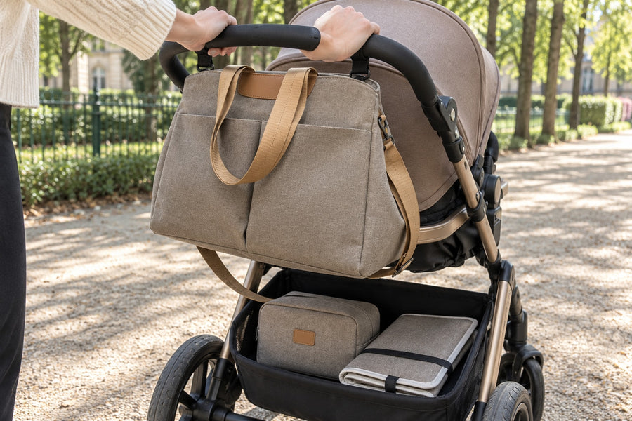 Cabas à langer Securidou attaché à la poignée d’une poussette