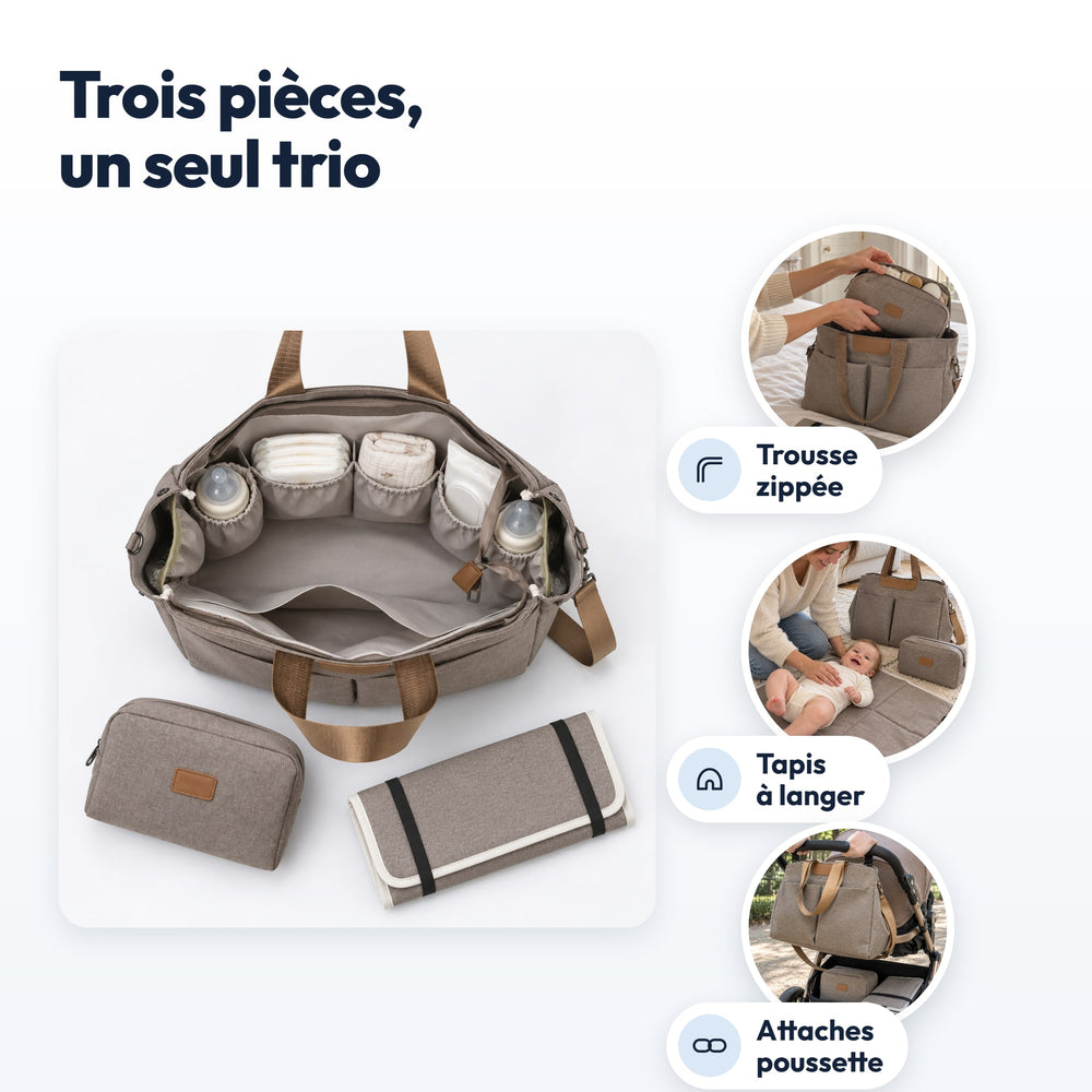 Trio sac à langer Securidou : trousse zippée, tapis à langer, attaches poussette
