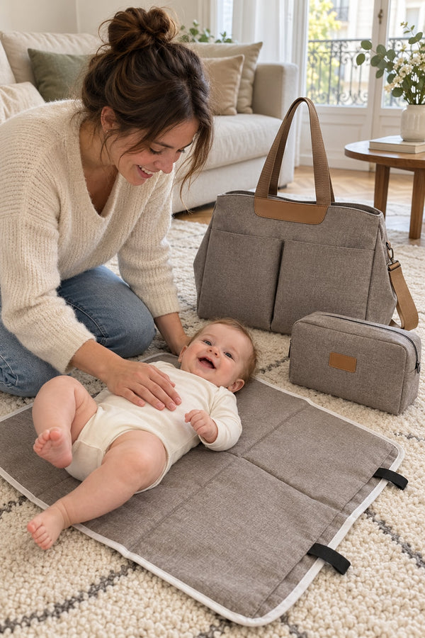 Parent qui change son bébé au sol sur le tapis du trio Securidou, une main sur lui