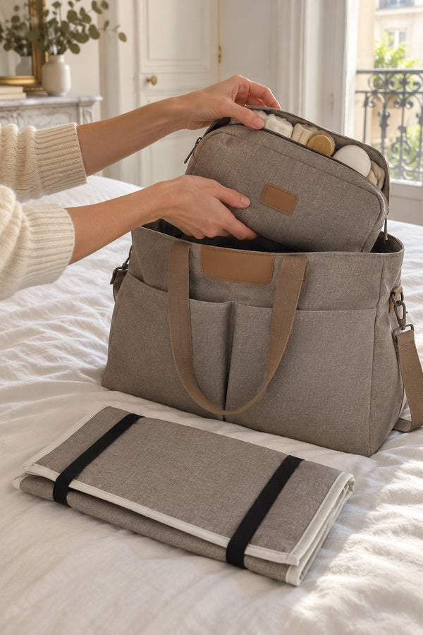 Trousse zippée du trio Securidou glissée dans le cabas à langer